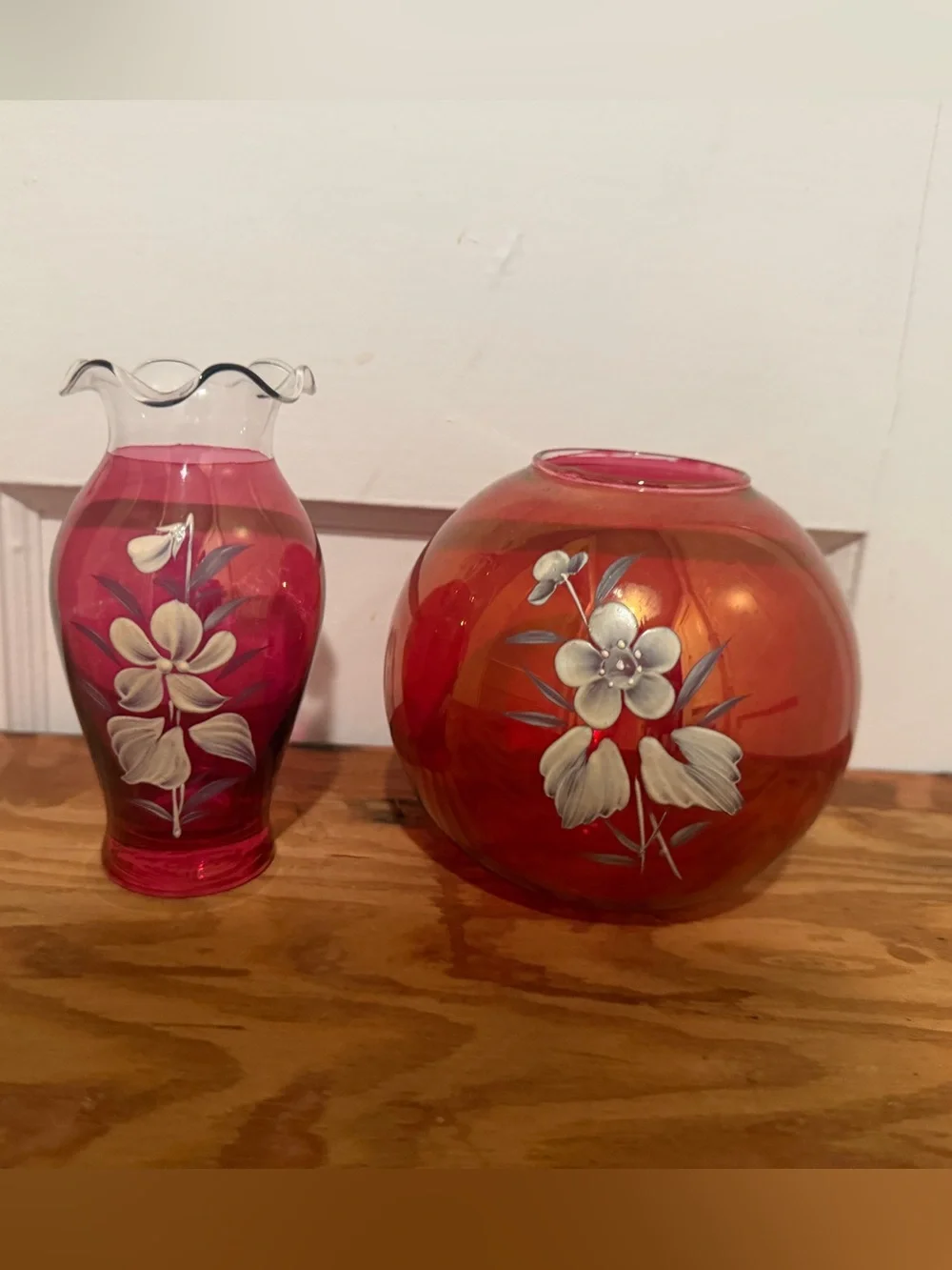 Hand-Painted Antique Cranberry Globe Fluted Pair Floral Pink Glass Vase